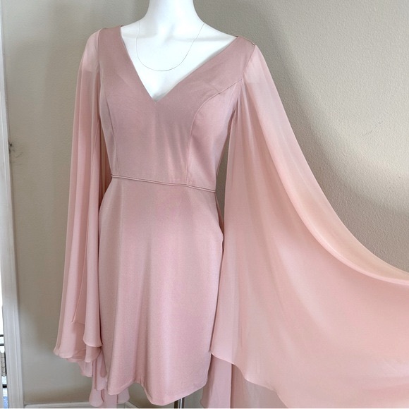 Mac Duggal NWT Ieena 6 Blush Pink Cape Sleeve V Neck Fitted Mini Dress New - Picture 4 of 7